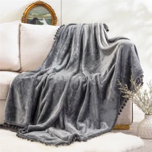 Plaid Canapé en Flanelle Gris à Pompons