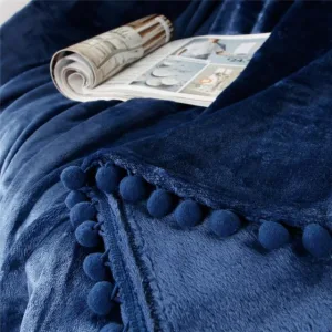 Plaid Canapé en Flanelle Bleu à Pompons