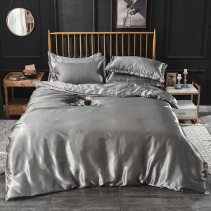 Gris type satin - Drap housse / Housse de couette / 2 taies d'oreiller