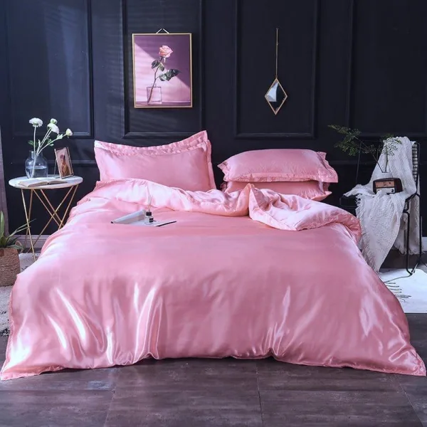 Rose type satin - Drap housse / Housse de couette / 2 taies d'oreiller