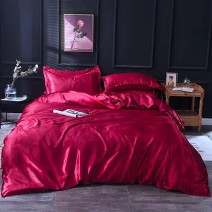 Rouge type satin - Drap housse / Housse de couette / 2 taies d'oreiller