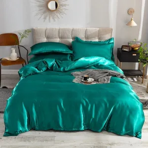 Vert type satin - Drap housse / Housse de couette / 2 taies d'oreiller