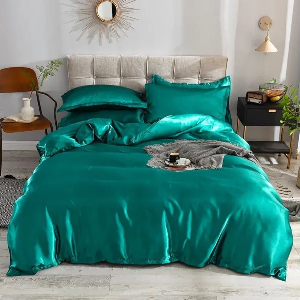 Vert type satin - Drap housse / Housse de couette / 2 taies d'oreiller