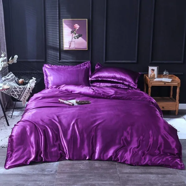 Violet type satin - Drap housse / Housse de couette / 2 taies d'oreiller